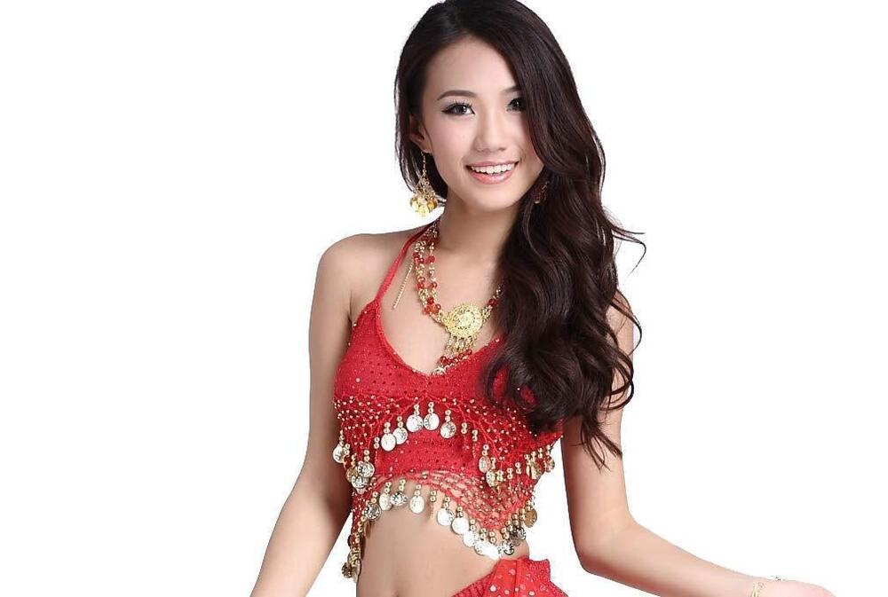 7679 Lady's Belly Dance Bandage Coin Bra Top With Chest Pad Red
